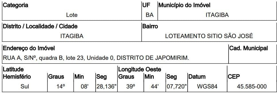 RUA A, N. 00, QD B, LT 23, ITAGIBA