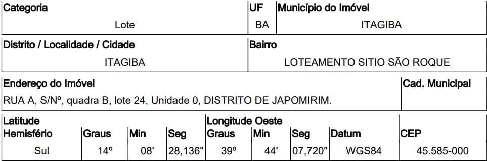 RUA A, N. 00, QD B, LT 24, ITAGIBA