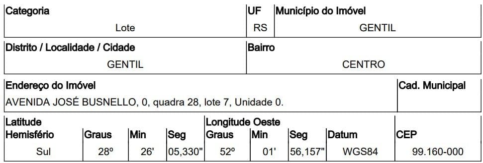 AVENIDA JOSÉ BUSNELLO, N. 00, QD 28, LT 07, GENTIL