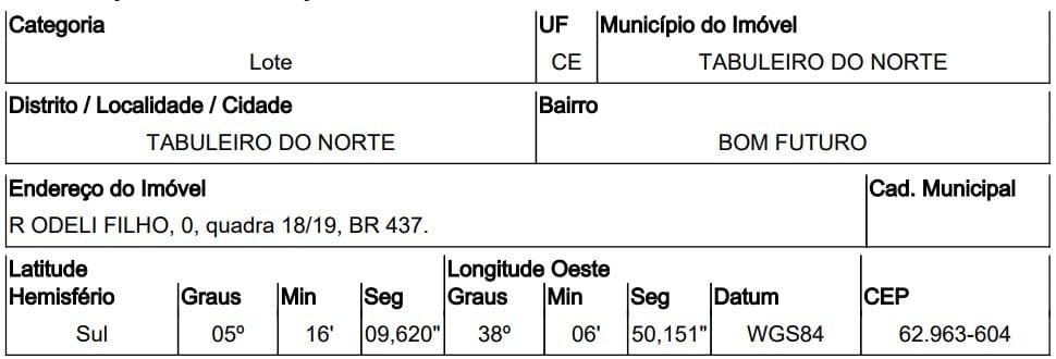 RUA ODELI FILHO (BR 437), N. 00, QD 18/19, TABULEIRO DO NORTE