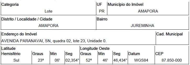 AVENIDA PARANAVAÍ, N. 00, QD 02, LT 23, AMAPORA