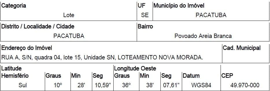 RUA A, N. 00, QD 04, LT 15, PACATUBA