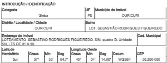 LOTEAMENTO SEBASTIAO RODRIGUES DE FIGUEREDO, N. 1, QD D LT 01 AO 30, OURICURI