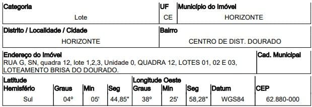 RUA G, N. 00, QD 12, LTS 1, 2 E 3, HORIZONTE