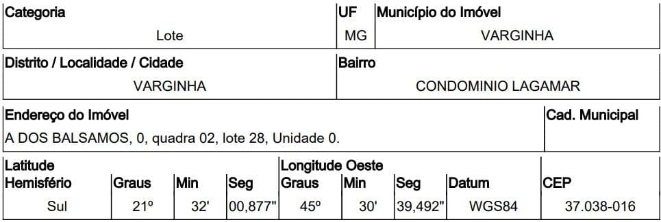 ALAMEDA DOS BALSAMOS, N. 00, QD 02, LT 28, VARGINHA