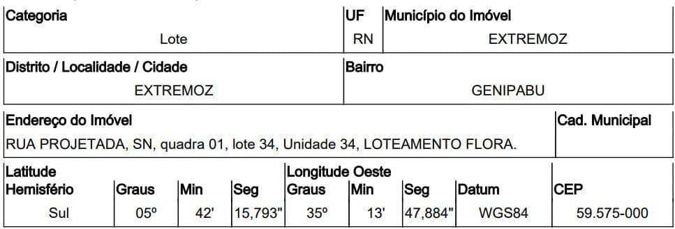 RUA PROJETADA, N. 00, QD 01, LT 34, EXTREMOZ