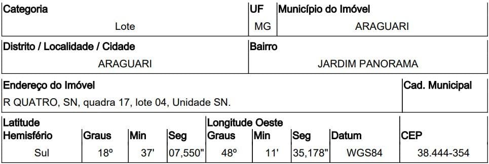 RUA QUATRO, N. 00, QD 17, LT 04, ARAGUARI