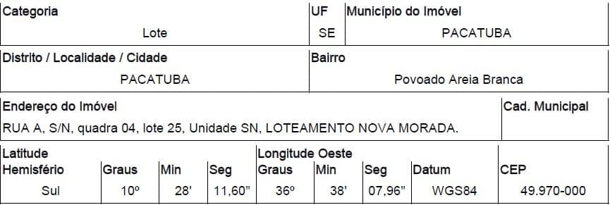 RUA A, N. 00, QD 04, LT 25, PACATUBA