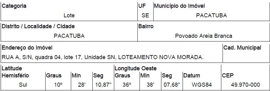 RUA A, N. 00, QD 04, LT 17, PACATUBA
